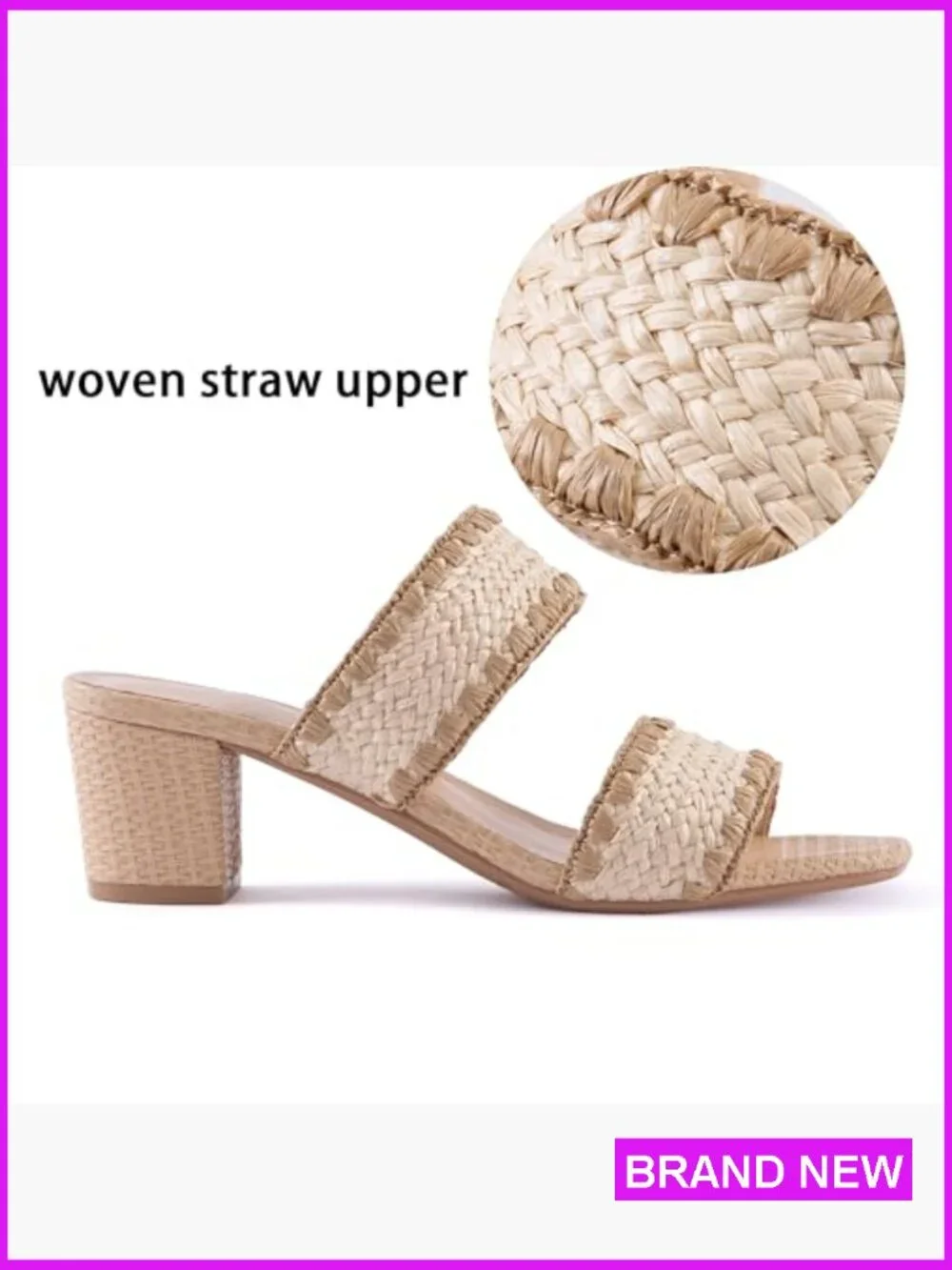 Woven Strappy Heeled Sandals Chunky Block Heel Square Toe Slip On Mules